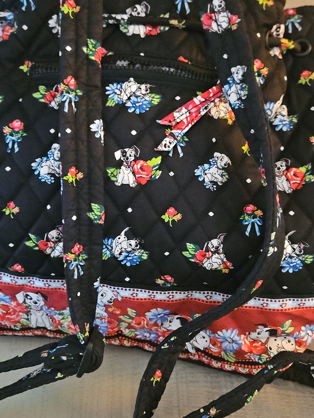 Disney Vera Bradley Quilted Black Floral Backpack Tote with 101 Dalmation  Print - Picture 13 of 14